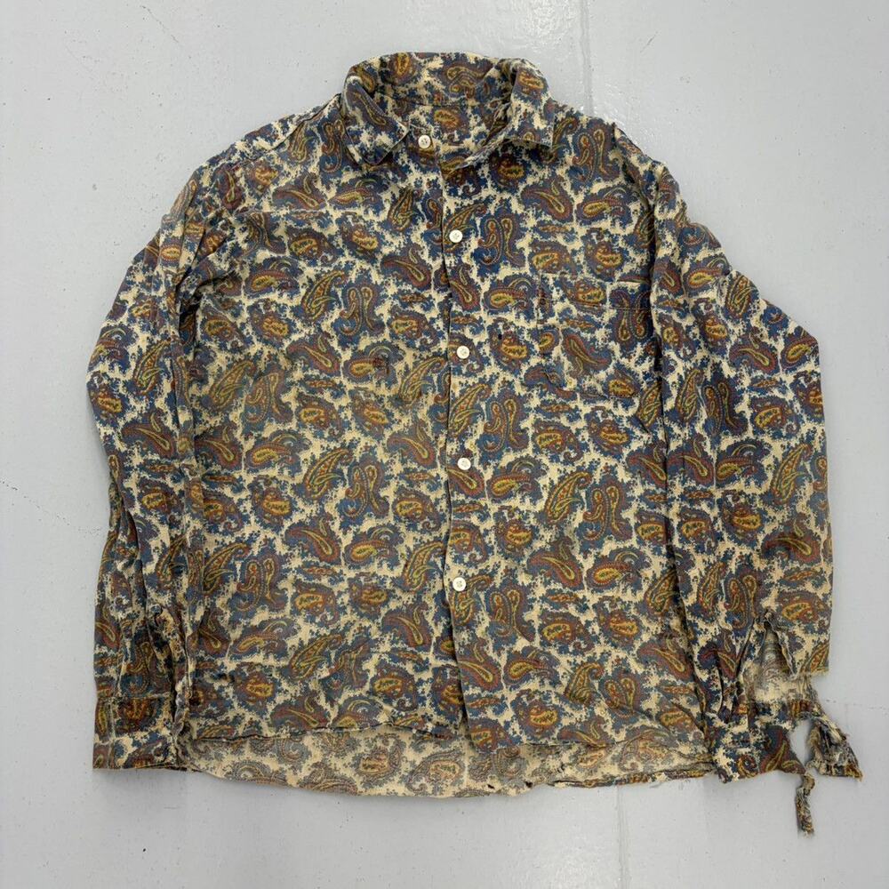 Vintage 60s Blue Paisley Pattern Cotton Distressed Shirt